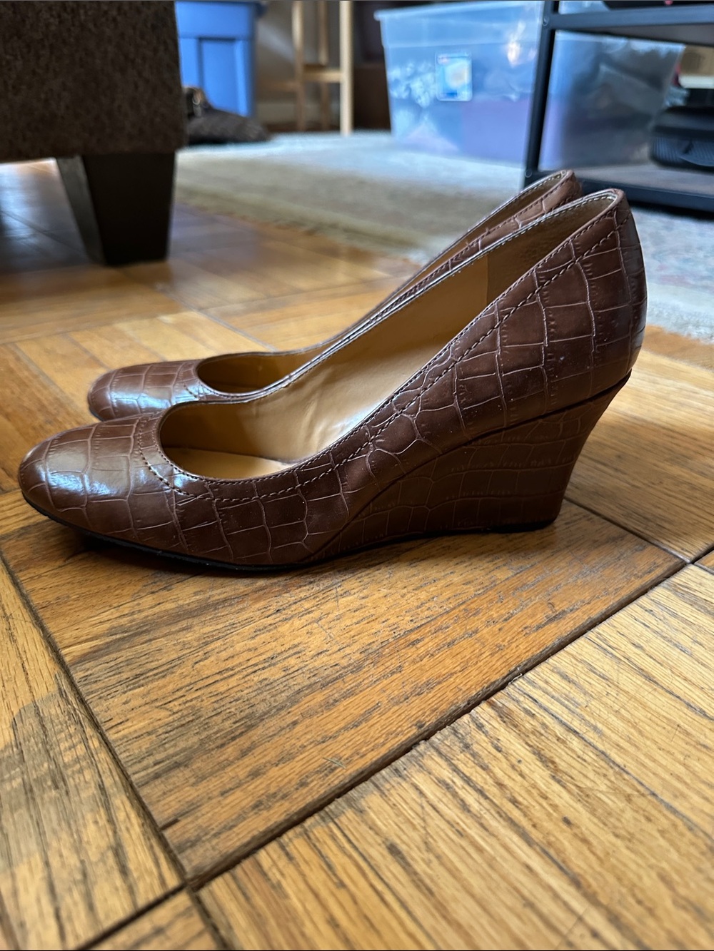 Nine West Brown Croc-Embossed Wedge Pumps - Women